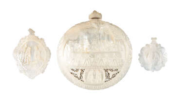 THREE MOTHER OF PEARL CARVINGS SHOWING THE NATIVITY OF C