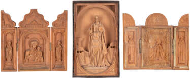 THREE CARVED ICONS SHOWING CHRIST, THE MOTHER OF GOD AND