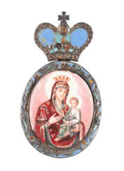 A SILVER AND CLOISONNÉ ENAMEL PANAGIA SHOWING THE ICON O