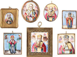 A GROUP OF SEVEN ENAMEL ICONS (FINIFTI) SHOWING ST. NICH