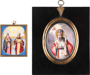 TWO ENAMEL ICONS (FINIFTI) SHOWING STS. JAKOV AND DMITRI