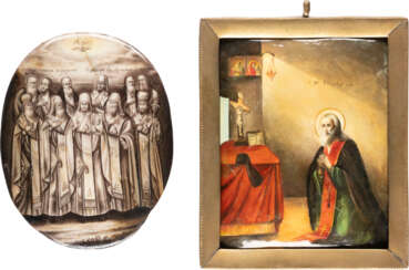 TWO LARGE ENAMEL ICONS (FINIFTI) SHOWING THE SAINTS OF R