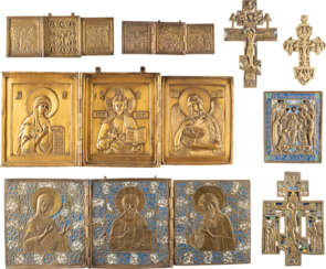 THREE CRUCIFIXES, FOUR TRIPTYCHS AND A BRASS ICON SHOWIN