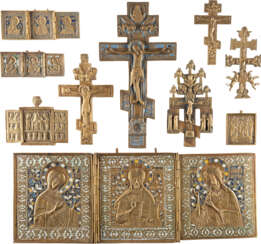 FIVE CRUCIFIXES, FOUR TRIPTYCHS AND A SMALL BRASS ICON S