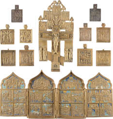 TEN BRASS ICONS, TETRAPTYCH AND A CRUCIFIX SHOWING THE M