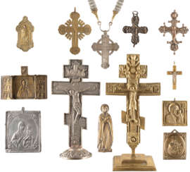 A HALF OF AN ENCOLPION CROSS, SIX CRUCIFIXES AND SIX BRA