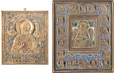 TWO BRASS ICONS SHOWING ST. NICHOLAS OF MYRA AND CHRIST