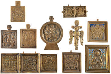 EIGHT BRASS ICONS, A TRIPTYCH AND A DIPTYCH SHOWING THE