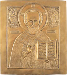 A LARGE BRASS ICON SHOWING ST. NICHOLAS OF MYRA Russian,