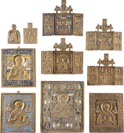 TEN BRASS ICONS SHOWING THE IMAGES OF ST. NICHOLAS OF MY - photo 1