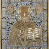 A LARGE BRASS AND ENAMEL ICON SHOWING ST. NICHOLAS OF MY - photo 1