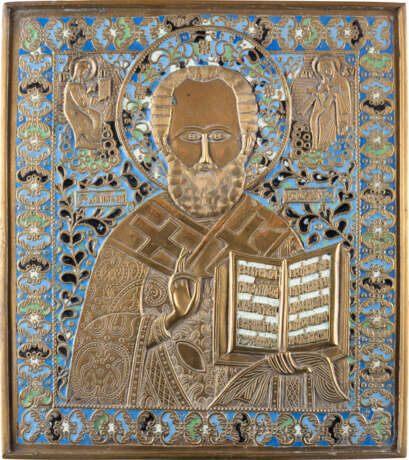 A LARGE BRASS AND ENAMEL ICON SHOWING ST. NICHOLAS OF MY - photo 1