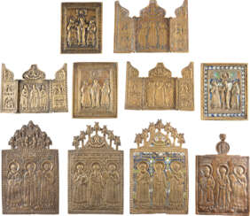 SEVEN BRASS ICONS AND THREE TRIPTYCHS SHOWING SELECTED S