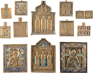 ELEVEN BRASS ICONS AND A DIPTYCH SHOWING SELECTED SAINTS