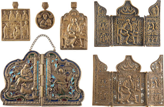 SIX BRASS ICONS SHOWING THE IMAGES OF EVANGELISTS AND SE - Foto 1