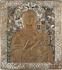 A LARGE AND ENAMEL BRASS ICON SHOWING THE SMOLENSKAJA MO