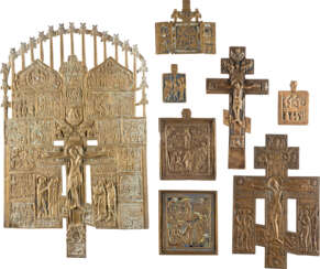 THREE CRUCIFIXES, A TRIPTYCH AND FOUR BRASS ICONS SHOWIN