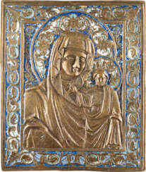 A LARGE AND ENAMEL BRASS ICON SHOWING THE MOTHER OF GOD