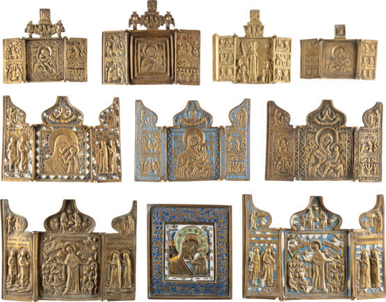 NINE TRIPTYCHS AND A BRASS ICON SHOWING THE IMAGES OF TH - Foto 1