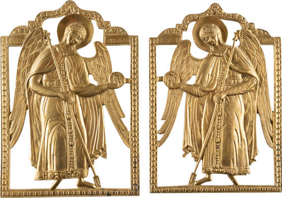 A RARE RAIR OF BRASS ICONS SHOWING ARCHANGELS MICHAEL AN - photo 1