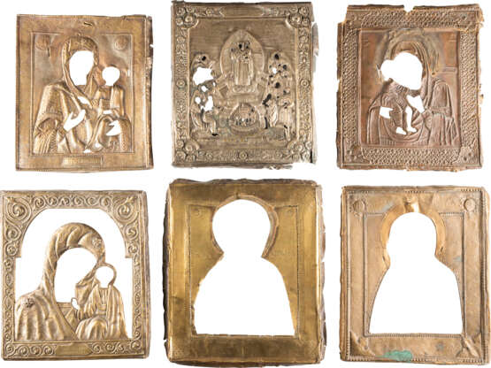 SIX BRASS OKLADS OF ICONS SHOWNG THE MOTHER OF GOD Russi - photo 1