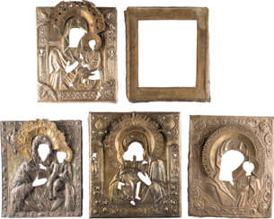 A BASMA AND FOUR OKLADS OF ICONS SHOWING IMAGES OF THE M