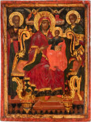 A VERY FINE ICON SHOWING THE ENTHRONED MOTHER OF GOD FLA
