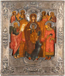 AN ICON SHOWING THE ENTHRONED MOTHER OF GOD FLANKED BY S