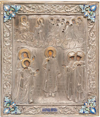 AN ICON SHOWING THE POKROV WITH A SILVER AND CLOISONNÉ E - фото 1