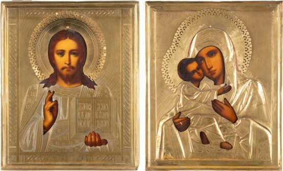 TWO SMALL ICONS WITH OKLAD SHOWING CHRIST PANTOKRATOR AND T - фото 1