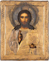 A SMALL ICON SHOWING CHRIST PANTOKRATOR WITH A SILVER-GILT