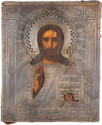 A SMALL ICON SHOWING CHRIST PANTOKRATOR WITH A SILVER OKLAD