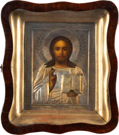 AN ICON SHOWING CHRIST PANTOKRATOR WITH SILVER-GILT OKLAD W - фото 1
