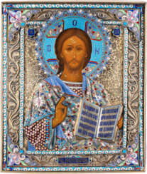 AN ICON SHOWING CHRIST PANTOKRATOR WITH A SILVER-GILT AND C
