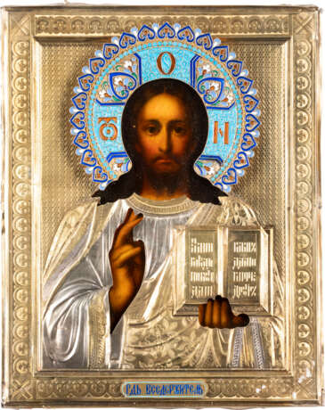 AN ICON SHOWING CHRIST PANTOKRATOR WITH CLOISONNÉ AND SILVE - фото 1