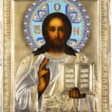 AN ICON SHOWING CHRIST PANTOKRATOR WITH CLOISONNÉ AND SILVE - Foto 1