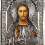 A SMALL ICON SHOWING CHRIST PANTOKRATOR WITH SILVER OKLAD R - photo 1
