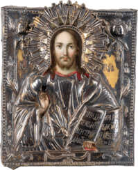 A SMALL ICON SHOWING CHRIST PANTOKRATOR WITH A SILVER-GILT