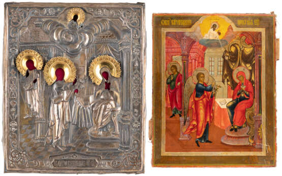 AN ICON SHOWING THE ANNUNCIATION WITH OKLAD Russian, mid 19 - фото 1