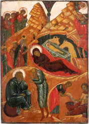 A VERY LARGE ICON SHOWING THE NATIVITY OF CHRIST FROM A CHU