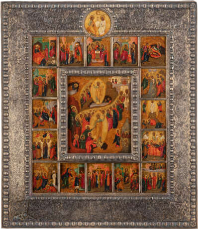 A SIGNED ICON OF THE ANASTASIS WITH 16 FEASTS AND GILDED SI - Foto 1