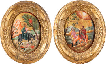 A RARE PAIR OF ICONS SHOWING THE FLIGHT INTO EGYPT AND THE