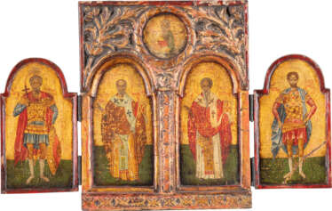 A LARGE TRIPTYCH SHOWING SELECTED SAINTS Recent Oil on wood