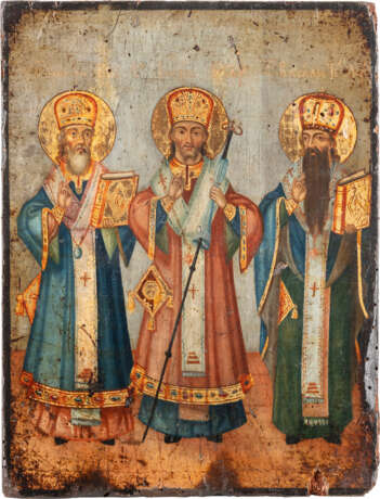 A SMALL ICON SHOWING THREE HIERARCHS OF ORTHODOXIE Russian, - фото 1