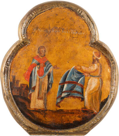 A RARE ICON SHOWING ST. NICHOLAS OF MYRA AND THE CARPET MIR - фото 1