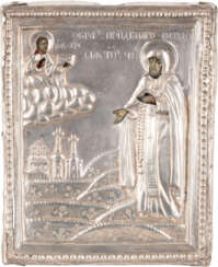 A SMALL ICON SHOWING ST. FEODOSIY OF TOTEMSK WITH A SILVER