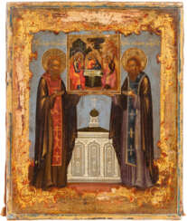 A SMALL ICON SHOWING STS. SERGEY AND NIKON OF RADONEZH Russ