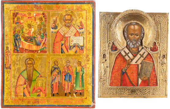 TWO ICONS: ST. NICHOLAS OF MYRA WITH RIZA AND A QUADRI-PART - фото 1