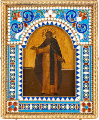 A SMALL ICON SHOWING A MONCH WITH A SILVER-GILT AND CLOISON - Foto 1