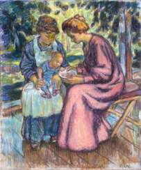 PESKÉ, JEAN (1870-1949). Two Women with a Child in the Garden